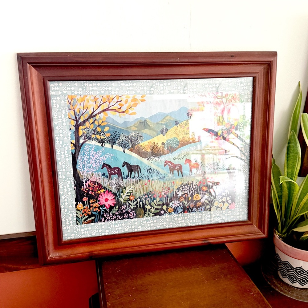 Whimsical Horses in a Colorful Flower Field Forest Canvas Wall Art Wood Framed - Picture 3 of 11
